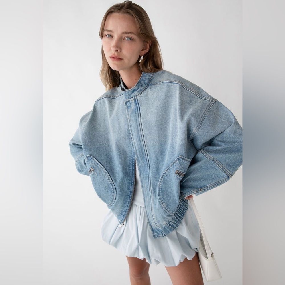 DENIM MOTO BOMBER JACKET | STONE LIGHT WASH - Picture 2 of 7